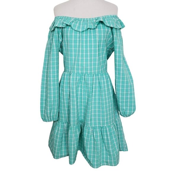 J Crew Factory Seersucker Ruffleneck Mini Dress Womens Size 6 Aqua Plaid Cotton - Picture 3 of 15